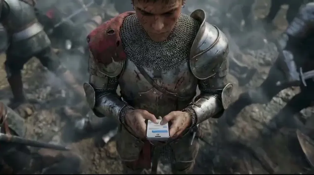 AI-generated medieval figure looking at a phone, from Scrolling War